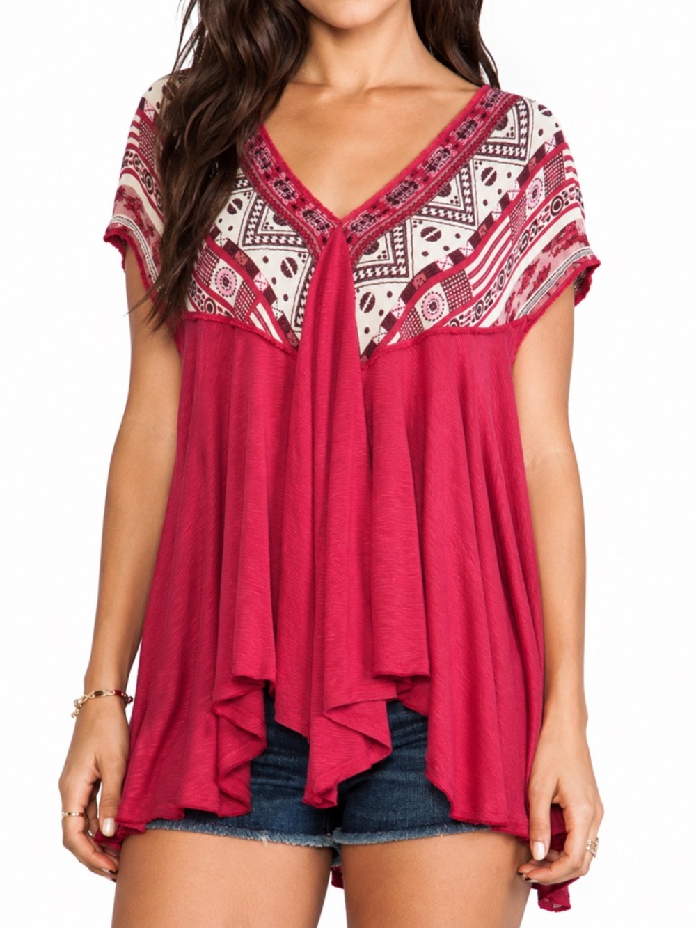 FREE PEOPLE We The Free Festival Swing Tunic Top Red Aztec Boho Gauze XS